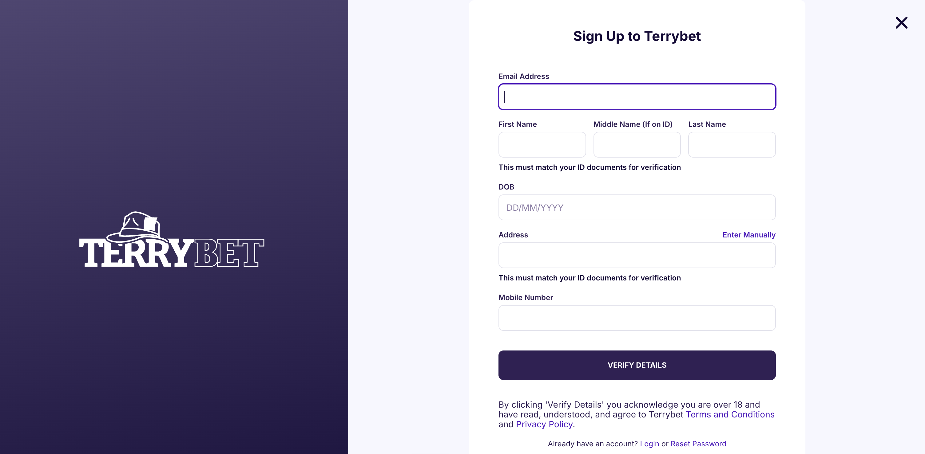TerryBet Sign Up